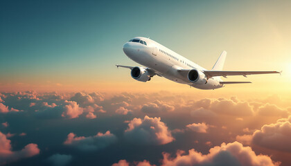 Aircraft flying with sunset. Colorful vacation travel airplane visual, perfect for airline promotion, tourism banners, and booking campaigns.