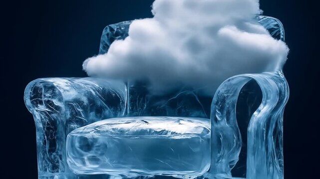 An armchair made of clear blue ice with a fluffy white cloud backrest and a liquid ice cushion