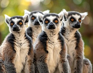 Obraz premium Group of ring-tailed lemurs with piercing orange eyes in a natural, bokeh-filled setting
