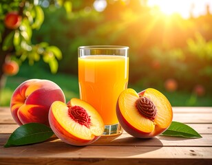 A refreshing glass of orange-hued juice rests beside fresh, ripe peaches and their halves. Natural light filters through the foliage