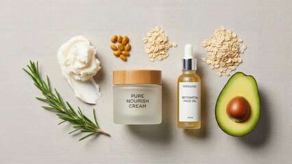 Natural skincare products with organic ingredients including avocado, rosemary, and oatmeal for healthy glowing skin care routine with healthy skin and skincare