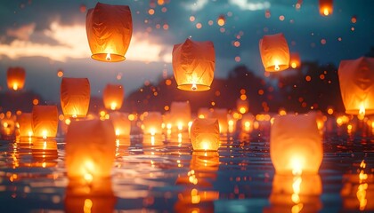 Floating paper lanterns illuminated with warm light, reflecting upon calm waters at dusk. Some are aloft in a darkening sky