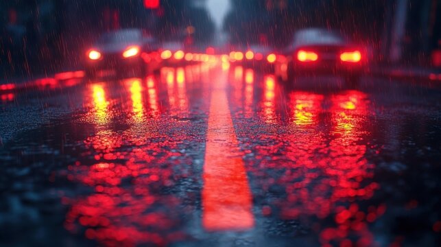 Rainy City Street at Night With Red Traffic Lights Reflecting on Wet Asphalt