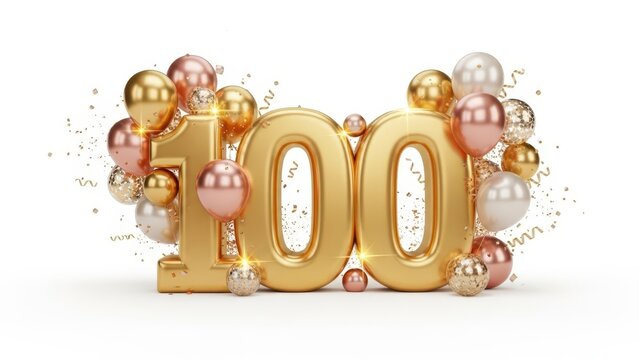 3D Render of Golden 100 Number with Gold, Rose Gold, and White Balloons and Confetti - Powered by Adobe