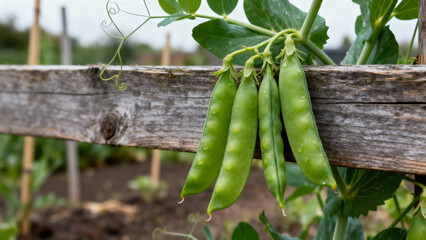 Pea vine with fresh pods climbing a wooden trellis in the garden – Organic farming, rustic backdrop