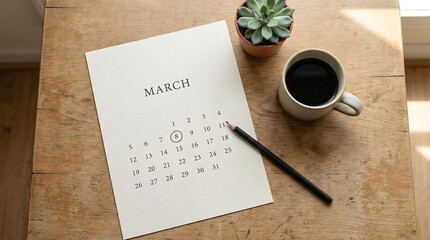 March month calendar with the 8th circled next to a cup of coffee and a small succulent plant. Planning concept for important dates and holidays.
