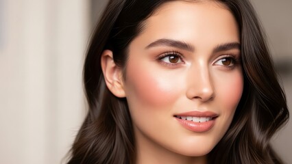 Beautiful young woman with long dark hair and brown eyes smiling softly looking to the side with a subtle expression on her face in a close up portrait with smile