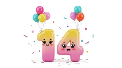 Cute 3D render number 14 with kawaii faces, colorful balloons, and confetti on white background