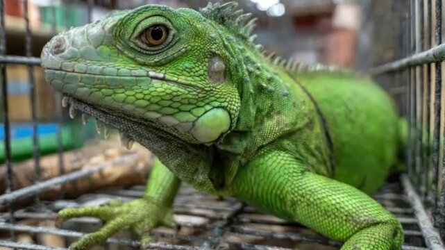 A captivating close-up shot vividly showcases the intricate details of a vibrant green iguana. The camera highlights the reptile's textured scales, its keen, amber-colored eye, and the distinctive spi