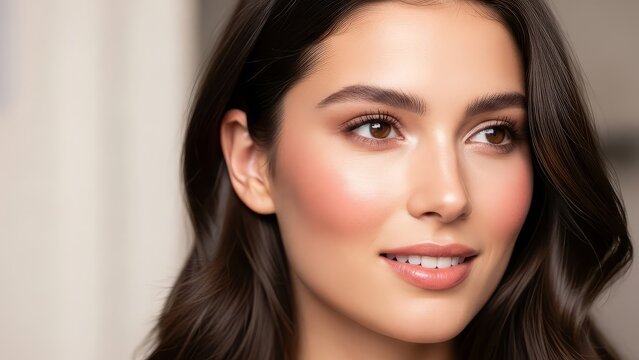 Beautiful young woman with long dark hair and brown eyes smiling softly looking to the side with a subtle expression on her face in a close up portrait with smile