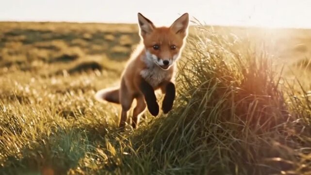 A red fox jumping through a sunlit field of tall grass with a warm glow.