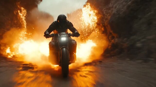 Motorcycle Rider Escapes Explosion in Action Scene.