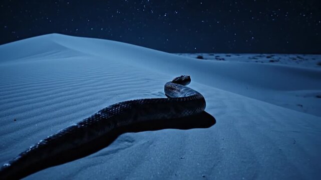 Nighttime Snake in Desert Sand Dunes Under a Starry Sky.