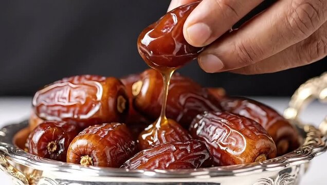 A hand picking up a date from a silver bowl filled with several brown dates on a white surface with a dark background