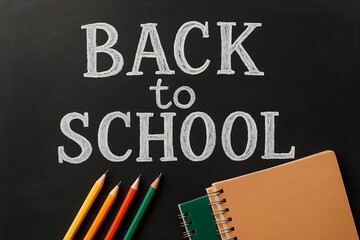 Back to school text written in chalk on blackboard. Education concept for happy student return to classroom after summer vacation or holiday.