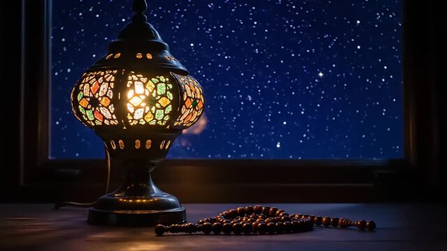 Ornate Lamp with Prayer Beads by Window at Night.