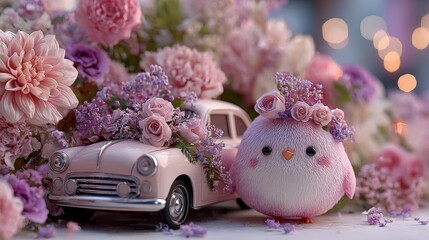 Obraz premium Dreamy pink flower-adorned car with whimsical cartoon pink toy sculpture on top, soft romantic pastel tones, delicate floral arrangement creating a romantic and playful atmosphere on white background