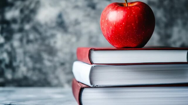 A crisp red apple rests on a neat stack of books, set against a blurred gray wall