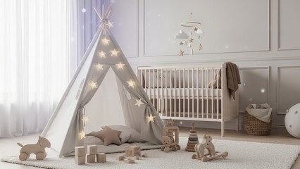 Cozy nursery with teepee tent, toys, and crib, soft lighting, warm atmosphere, child's play area, baby room decor, neutral colors, wooden toys, string lights with indoor play