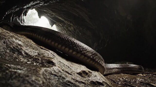 Spectacular cobra snake slithering out of a dark cave entrance, wildlife scene.