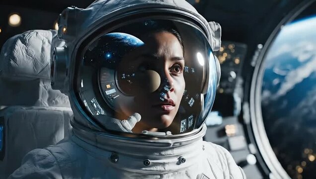Astronaut in a white spacesuit looking out of a spaceship window at earth with a helmet and backpack