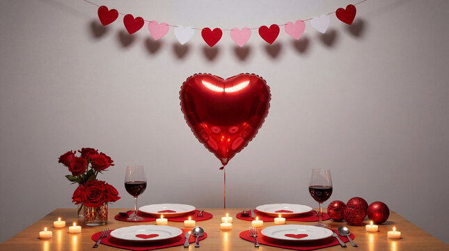 Valentine&rsquo;s Day romantic dinner table with heart balloon candles wine roses love celebration cozy interior decor