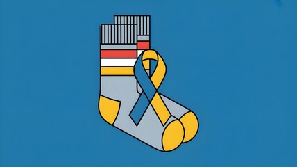World Down syndrome day background. Down syndrome awareness concept. Socks and ribbon on blue background