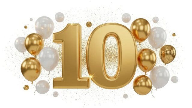 Luxury Golden 3D Number 10 with Festive Balloons and Glitter Confetti, Isolated on White - Powered by Adobe