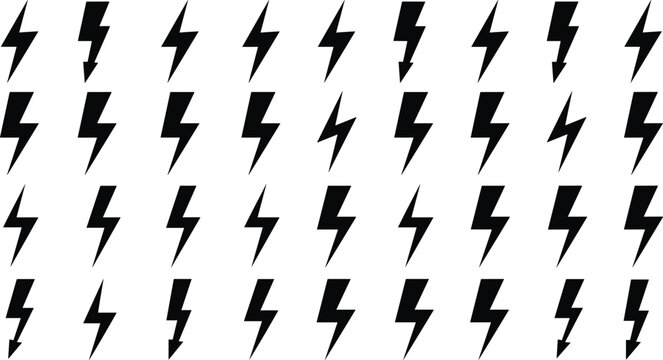 Lightning bolt icon grid, black vector symbols, electricity signs, energy silhouettes, thunder shapes, power icons, electric design, seamless pattern