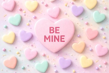 Obraz premium Pastel conversation heart candy with be mine text and sprinkle. Valentines Day sweet background for romantic celebration or confectionary design.