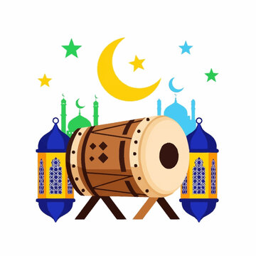Ramadan drum with lanterns and mosque silhouettes.
