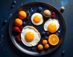 Overhead shot of a dark plate with fried eggs, oranges, berries, and a single whole egg, a visually stunning breakfast