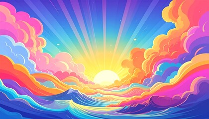 A vibrant, colorful digital artwork featuring stylized clouds and ocean waves under a radiant sun. Beams of light emanate