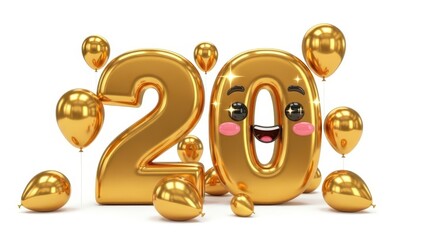 Obraz premium Cute Smiling Golden Number 20 with Balloons, 3D Render
