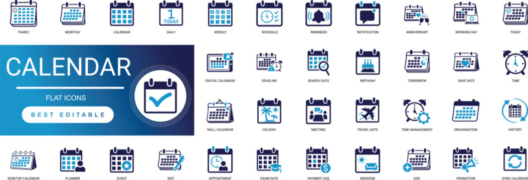 Calendar solid icon set featuring schedule planning appointment and reminder, date time event organizer business office, and month week day agenda editable vector icons