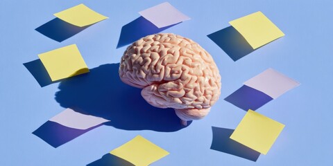 Pink brain surrounded by yellow and purple sticky notes on a light blue background