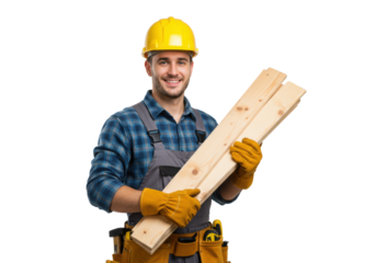 young caucasian construction worker in overalls, plaid shirt, and yellow hard hat, holding wood planks and a leather tool belt, smiling confidently against a transparent studio background with copy