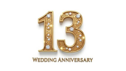 Golden Number 13 Wedding Anniversary with Diamonds and Pearls on White Background