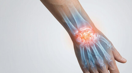 Wrist Pain X-ray, Revealing Inflamed Bones in a Human Hand, a Detailed Medical Illustration of Joint Discomfort and Potential Injury.