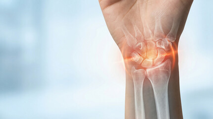 Wrist Pain and Injury, a detailed X-ray view of the human hand and carpal bones with highlighted inflammation, a vital medical illustration.
