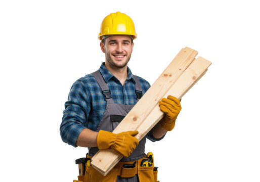 young caucasian construction worker in overalls, plaid shirt, and yellow hard hat, holding wood planks and a leather tool belt, smiling confidently against a transparent studio background with copy