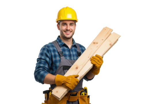 young caucasian construction worker in overalls, plaid shirt, and yellow hard hat, holding wood planks and a leather tool belt, smiling confidently against a transparent studio background with copy - Powered by Adobe
