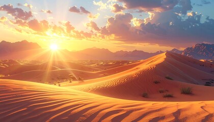 A vibrant desert scene at sunrise showcases rolling sand dunes under a radiant sun. Mountains sit in the distant horizon