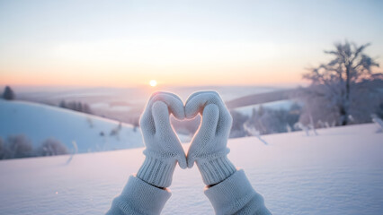 Winter landscape scene with two hands wearing white gloves forming a heart shape against a snowy field during sunset with leafless tree and distant hills in soft pastel colors