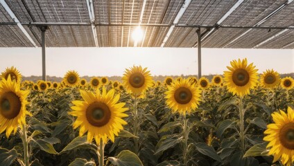 Sunflowers under solar panels - a field of renewable energy.