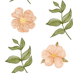 Flower, green leafy branch seamless watercolor pattern on white. Botanical clip art for wedding stationery, invitations, branding, packaging, prints, floral designs, feminine projects. Peach color