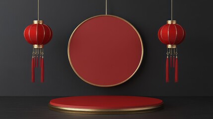 Red circular display with golden trim and chinese lanterns on dark background