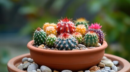 A vibrant collection of colorful cacti, carefully arranged in a terracotta pot, showcasing a diverse range of textures and hues, creating a visually appealing display with a blurred background