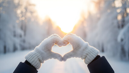 warm winter scene with gloved hands forming a heart shape against a snowy forest background illuminated by a glowing sunset sky capturing the serenity of cold weather and love in nature
