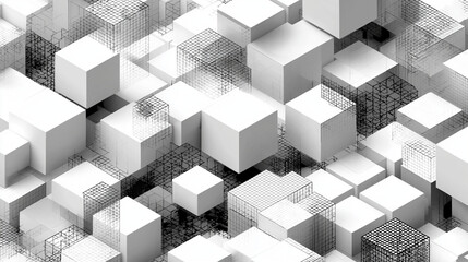 Abstract white and wireframe cubes arranged in a unique pattern, great for 3d design projects or modern geometric concepts.